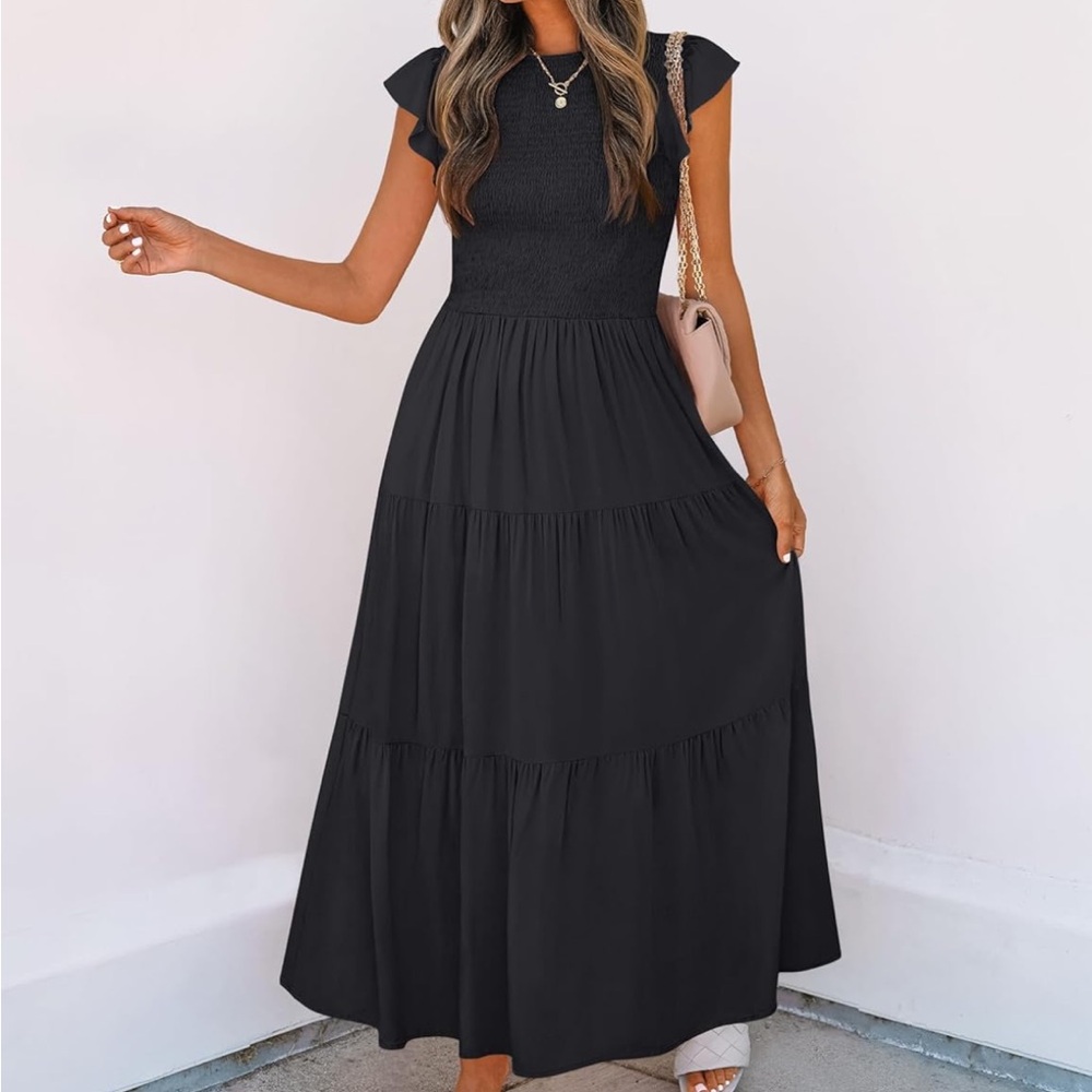 Black Smocked Casual Midi Dress